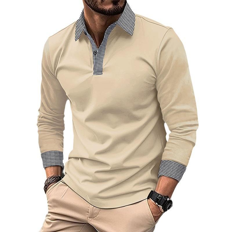 New Men's Long-Sleeved Polo Shirt Spring/Autumn Contrast-Colour Printed Casual Sweatshirt