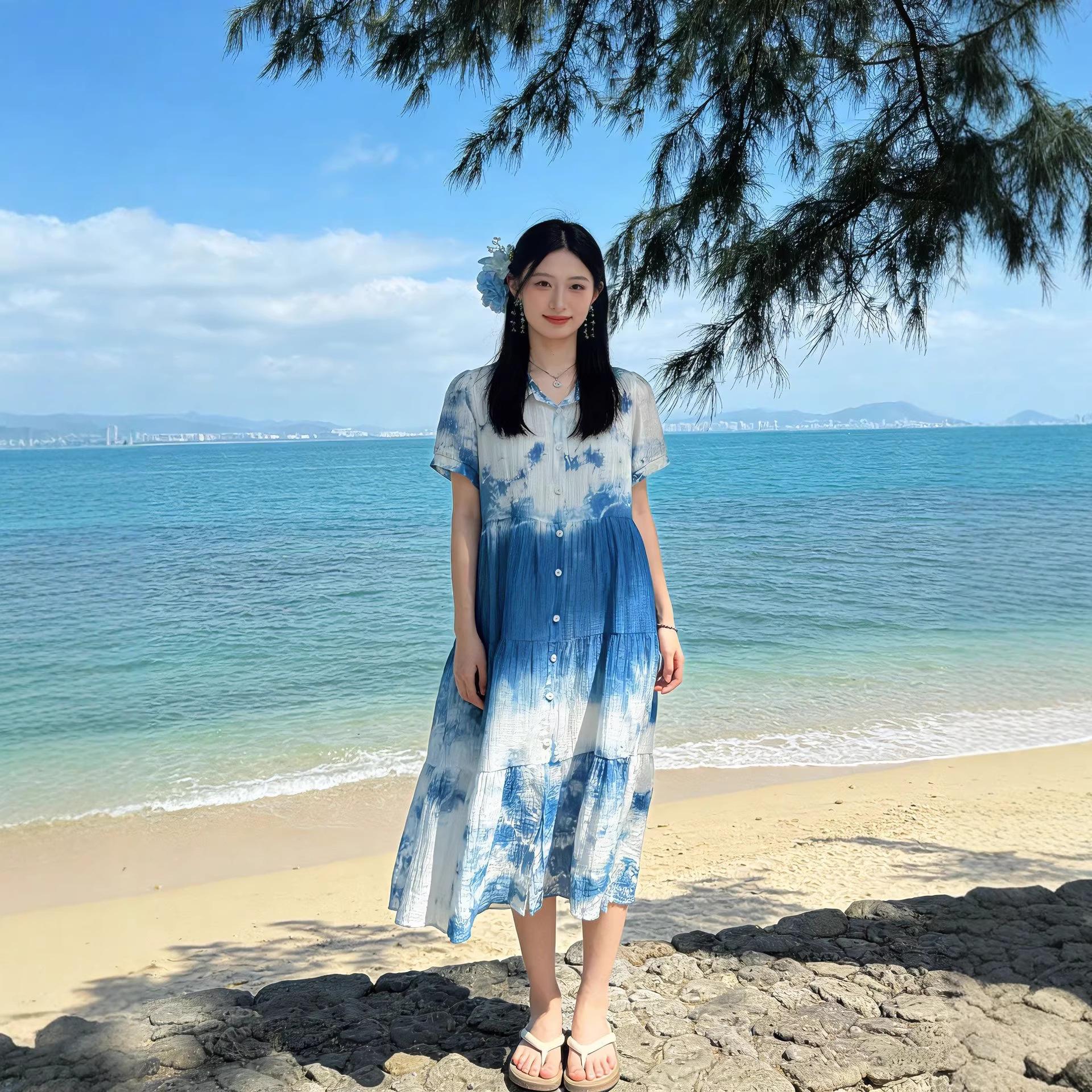 Yunnan Dali Handmade Tie-Dye Button-Up Lapel Dress M1505 One Size