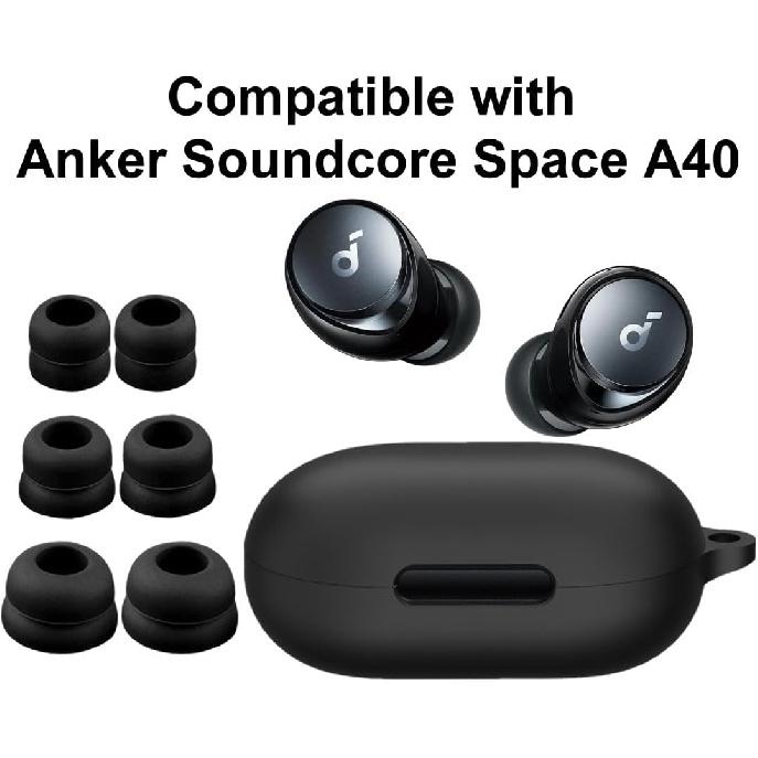 A-Focus Совместимый с Soundcore Space A40 Чехол Набор Насадок для Ушей, Силиконовый Чехол 3 Пары Двухлепестковые Насадки с Карабином Набор Аксессуаров Совместимый