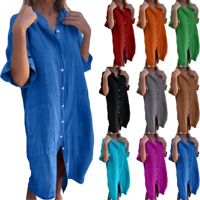 Damenmode Casual Button Cardigan Baumwolle und Leinen einfarbig Kleid mit Taschen