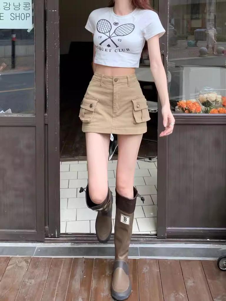 Khaki High-Waist A-Line Denim Skirt - Slim, Retro, Summer Style for Women