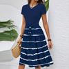 Women's Casual Fashion Belted Striped Printed Short Sleeve Round Neck Elegant Flowing Dress