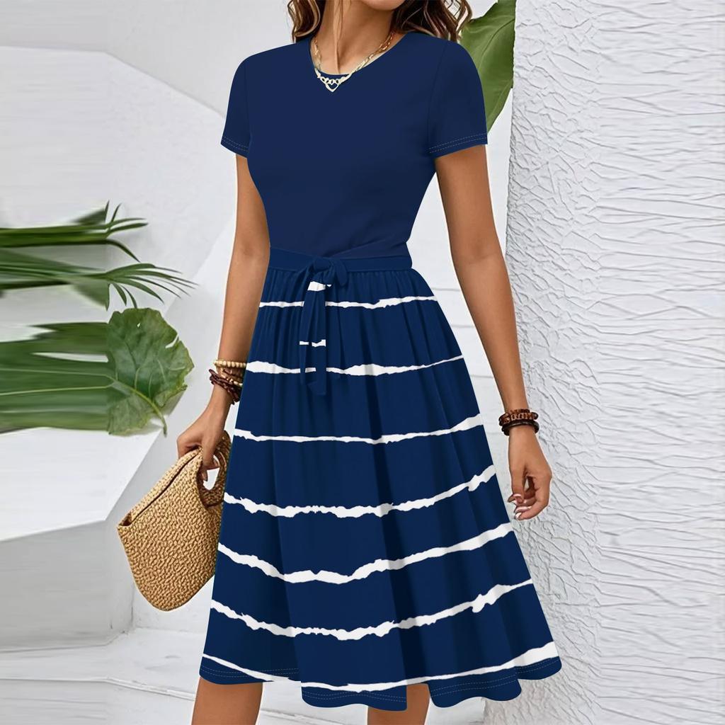 Women's Casual Fashion Belted Striped Printed Short Sleeve Round Neck Elegant Flowing Dress