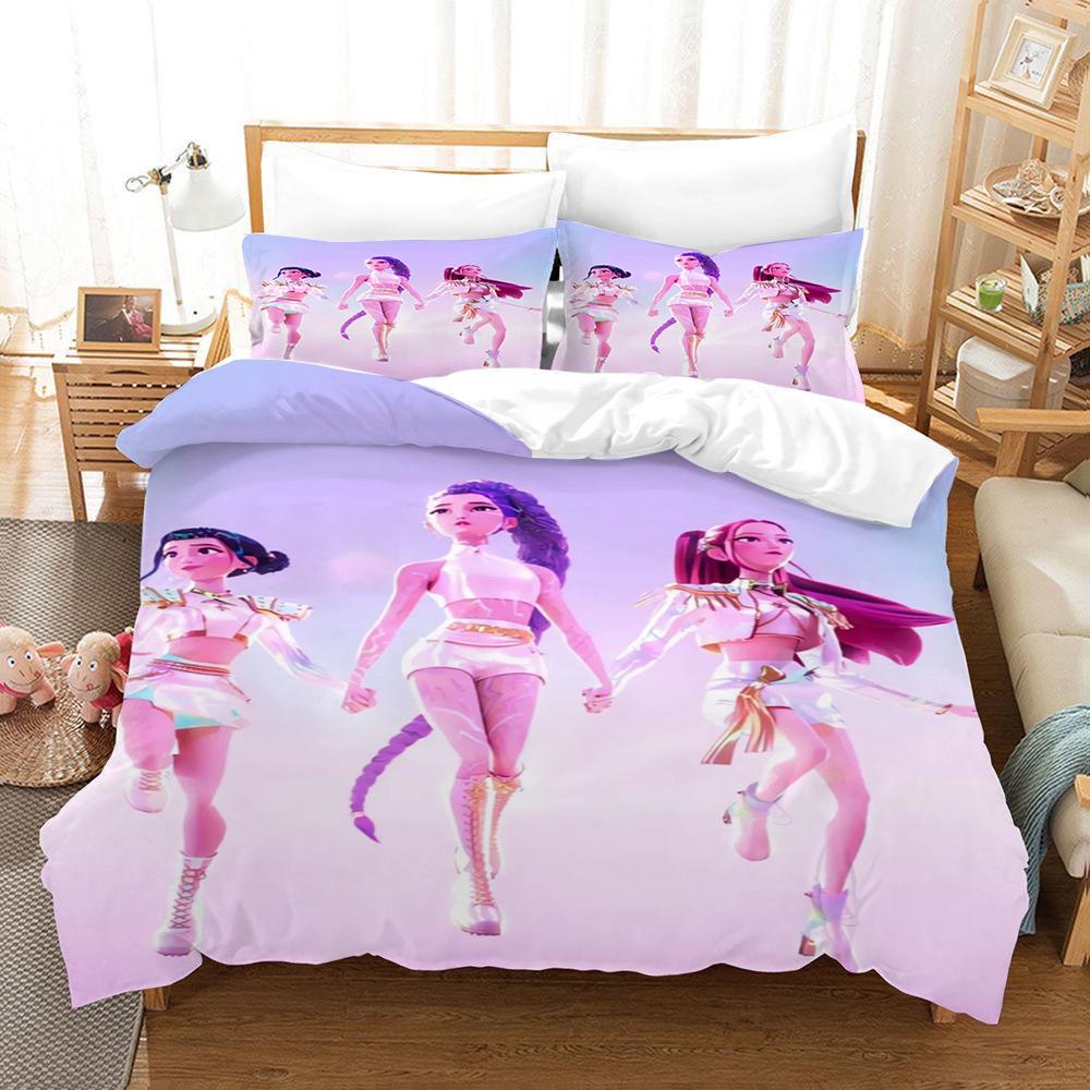 

Kpop Охотники на демонов Комплект пододеяльника Мультяшный Аниме Руми Зои Мира HUNTR X Комплект постельного белья Покрывало Наволочка Комплект для кровати Полуторный Кинг AU Single 140x210cm