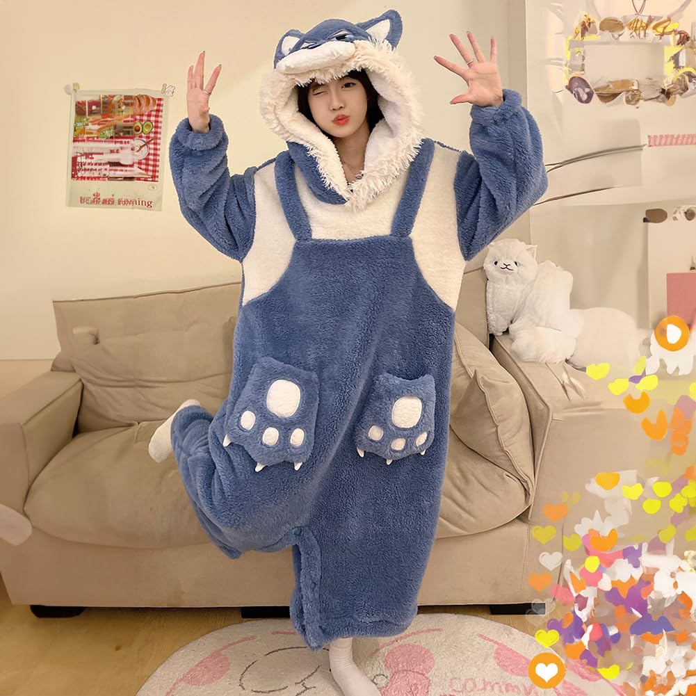 MTKCNTL Winter Fluffy Wolf Costume with Warm Flannel and Fleece Long Cute Gift Women's All-in-One Pajamas, Thick, Hood, Lining, Unisex, Sleeves, (Size
