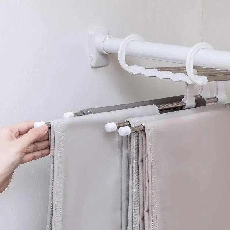 Étagère à Pantalons Pliante Rétractable Multi-couches Portants à Pantalons Armoire Vestiaire Acier Inoxydable Cintre de Rangement pour Vêtements Gain de Place
