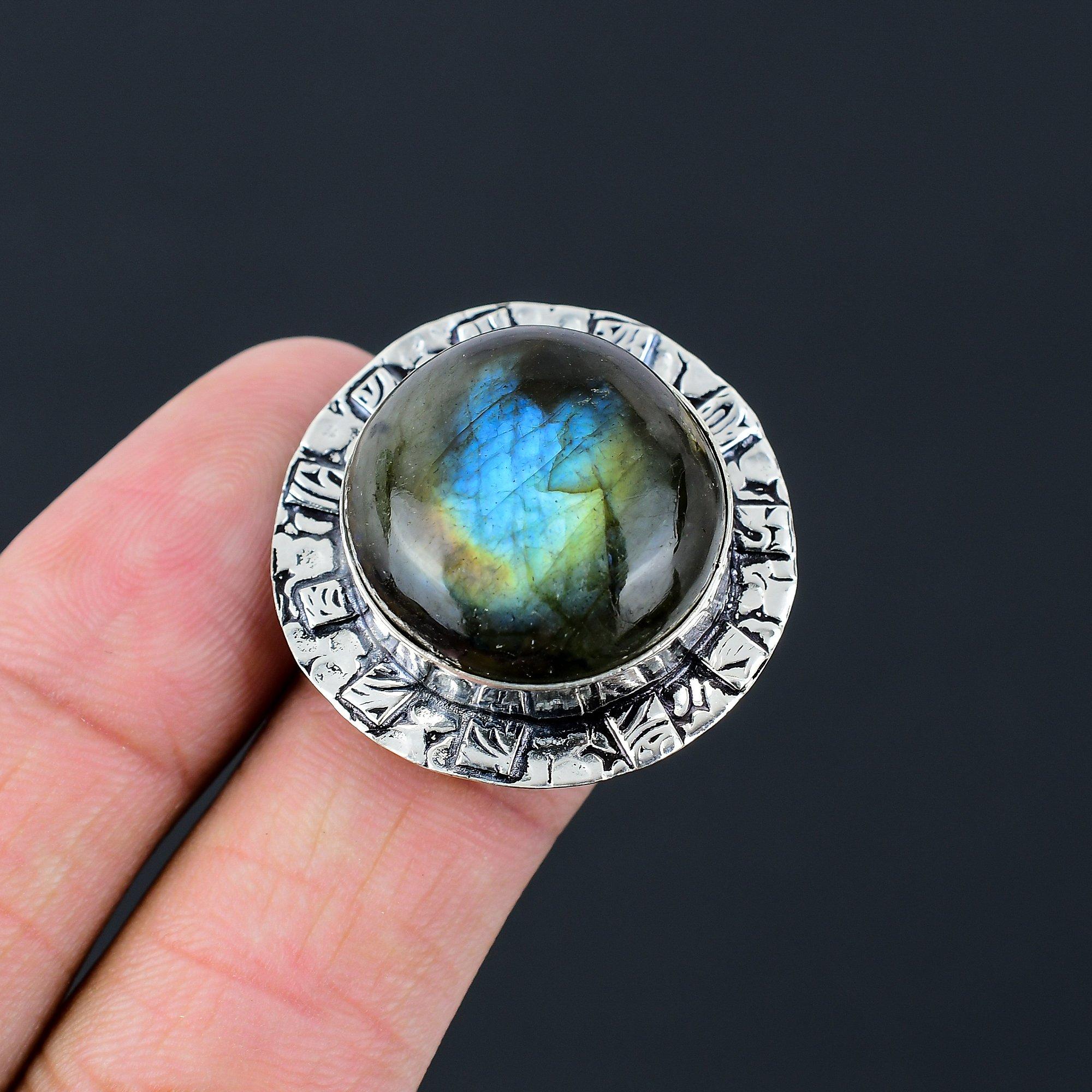 Пасхальная распродажа Кольцо-мать из стерлингового серебра 925 пробы с круглым камнем лабрадорита, statement, одиночный камень 9