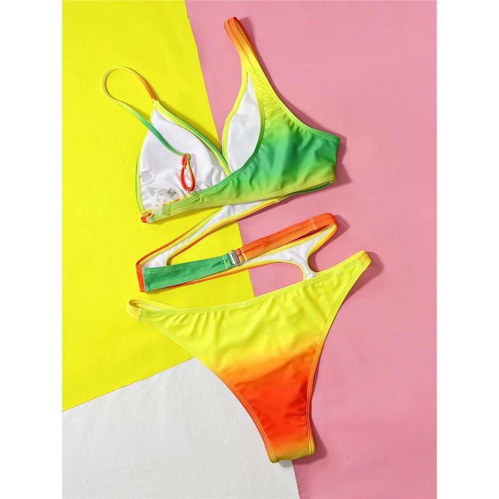Asymmetric Gradient Tummy Cut Out One Piece Swimsuit Women Swimwear Female Monokini High Leg Cut Bather Bathing Suit Swim