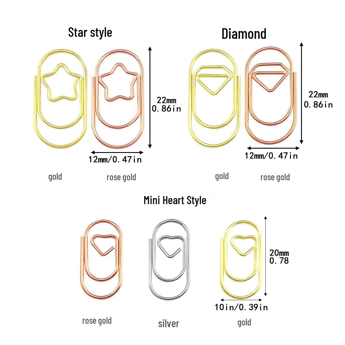 Mini Star, Diamond & Heart Shaped Metal Paperclips - Office Stationery Clips Mini Heart (Smallest) розового золота