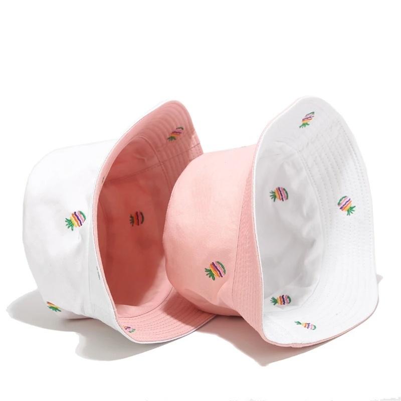 New Pineapple Embroidery Bucket Hat Unisex Double-sided Fisherman Hats Men Women Outdoor Sun Visor Travel Pot Hats