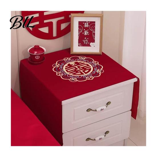 Satin Dust Cover for Furniture Chinese Wedding Nightstand Burgundy Bedside Table Dustproof Cloth Bedroom Decor