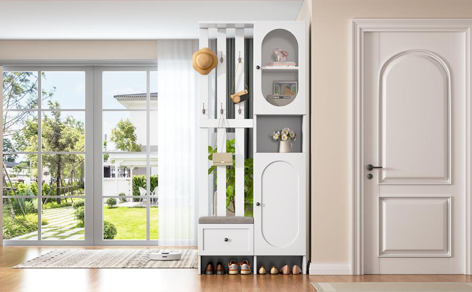 85*33.5*200cm Compact Wardrobe with 2 Cabinets, Storage Cabinet Made of Tempered Glass, White Entryway Cabinet, Coat Rack with Shoe Bench and Cushion