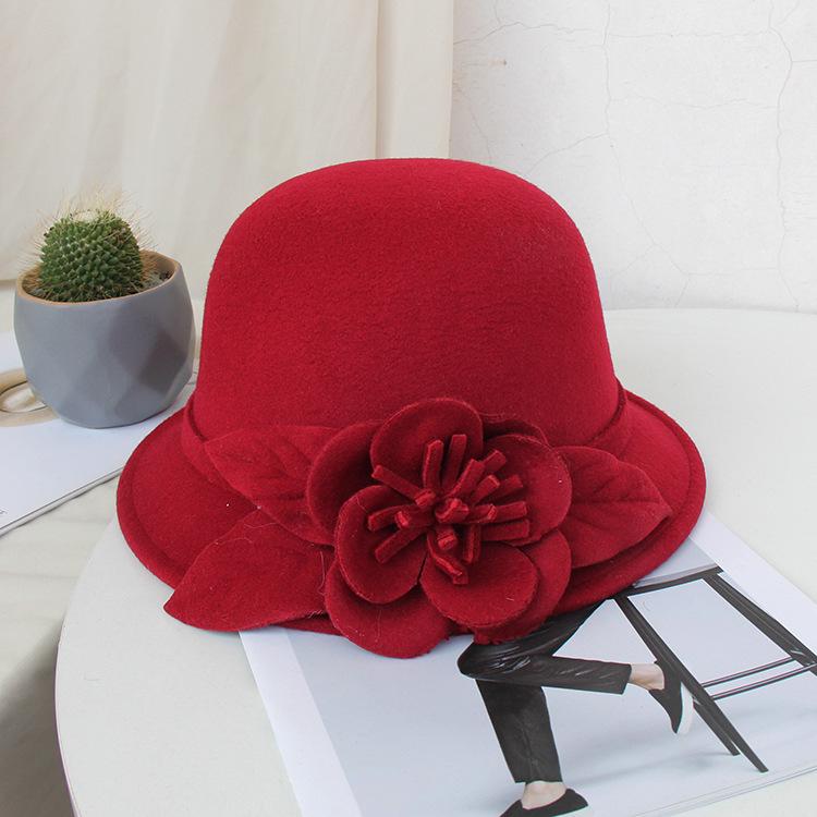 New Hat Women's Autumn and Winter British Woolen Woolen Pot Hat Fashion Flower Bucket Hat Warm Felt Top Hat