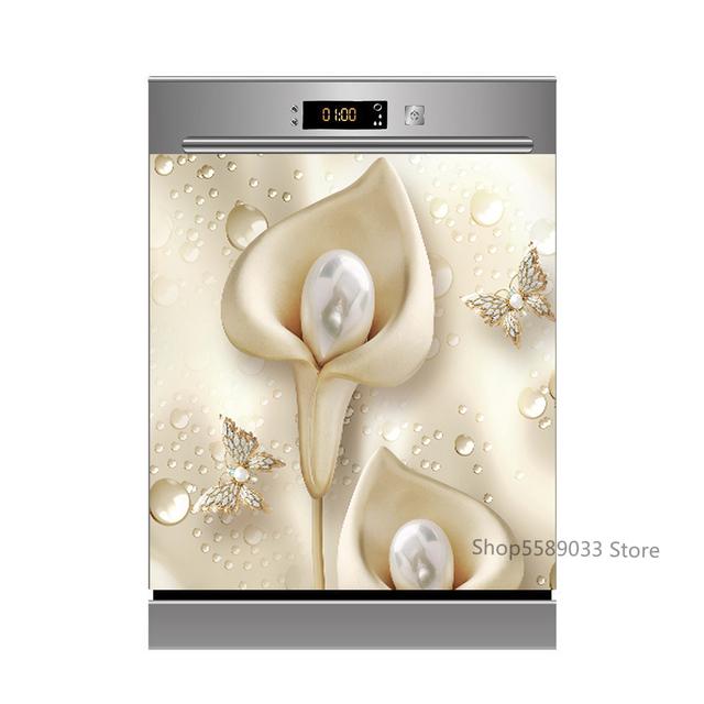 Lotus White Rose Kitchen Dishwasher Door Sticker Home Furniture Renovation Waterproof Vinyl Wallpaper Buddha Flower Room Decor