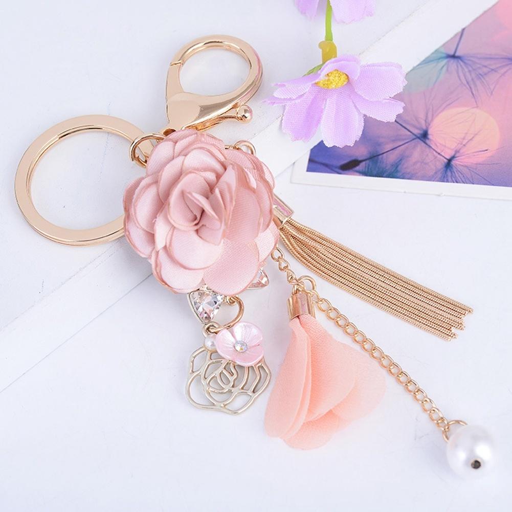 Fabric Flower Long Tassel Keychain Key Chain Keyring Women Handbag Hanging Decor