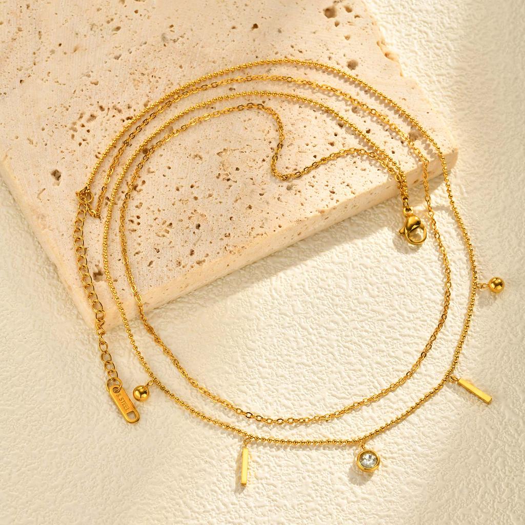 Trendy Stainless Steel Zircon Double-Layer Necklace, Gold Plated Beads Chain Charm Necklace, Luxury Delicate Jewelry for Women