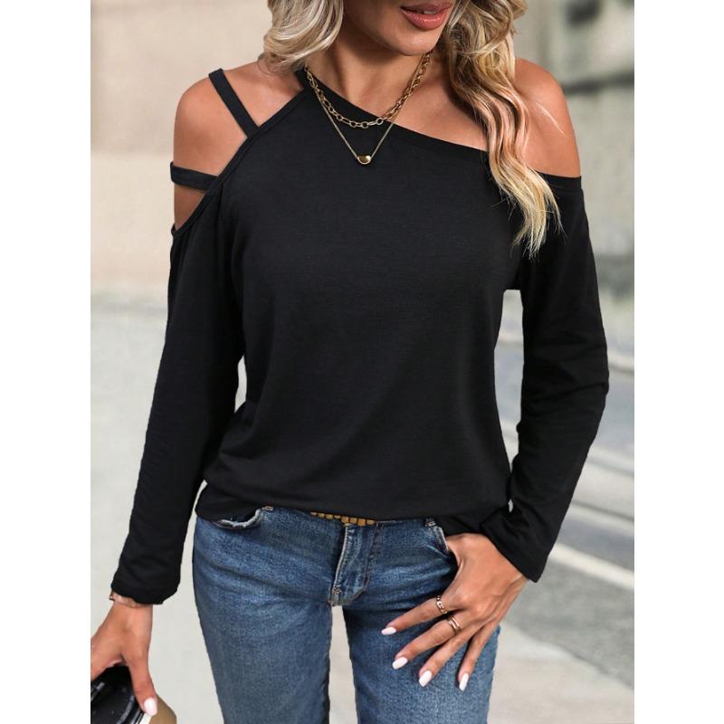 Women Simple Slant Collar Off Shoulder Long Sleeve Casual Commute T Shirt Top