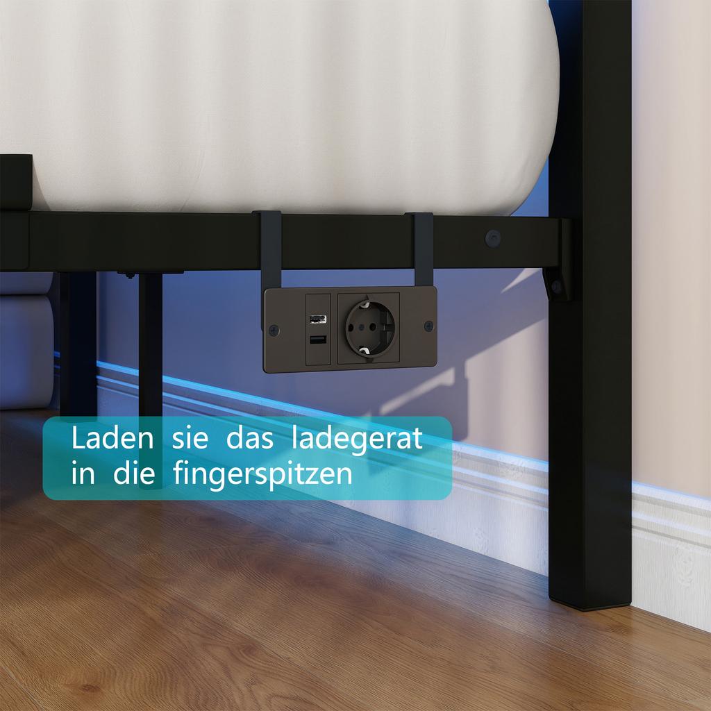 140x200cm Metal Bed Frame with Headboard, USB Charging Station, LED, Strong Steel Slat Support, Under Bed Storage, No Box Spring Required, Assembly
