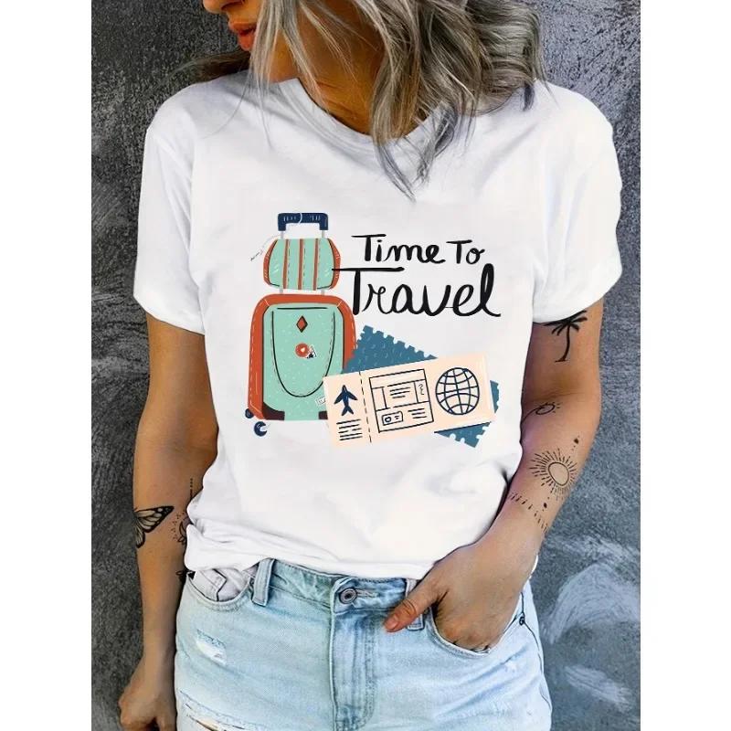 Travel Pattern Printed Tshirt Springsummer Casual Round Neck Short Sleeved Top Womens Clothing Fashionable Painted Clothing