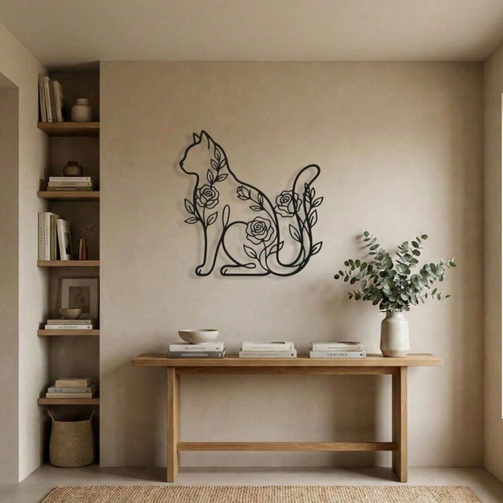 Floral Cat Metal Wall Art, Rose Silhouette Iron Sculpture, Minimalist Pet Lover Gift