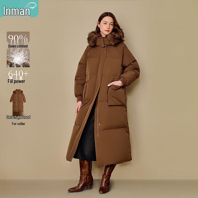INMAN Women s 2025 Winter Casual Hooded Long Down Jacket with Faux Fur Collar M