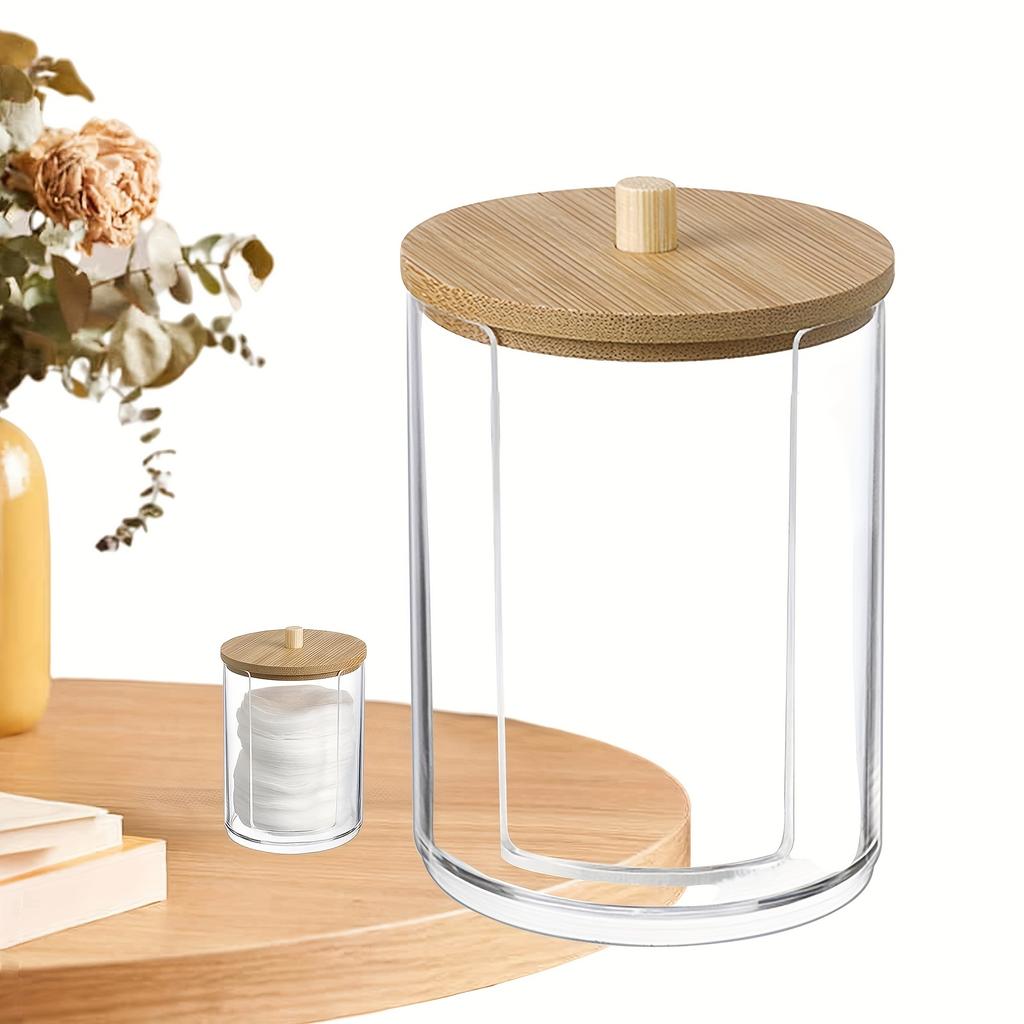 1pcs Cotton Round Pad Dispenser With Bamboo Lid, Small Clear Acrylic Containers For Cotton Swab/ball, Transparent Jars For Bathroom Vanity