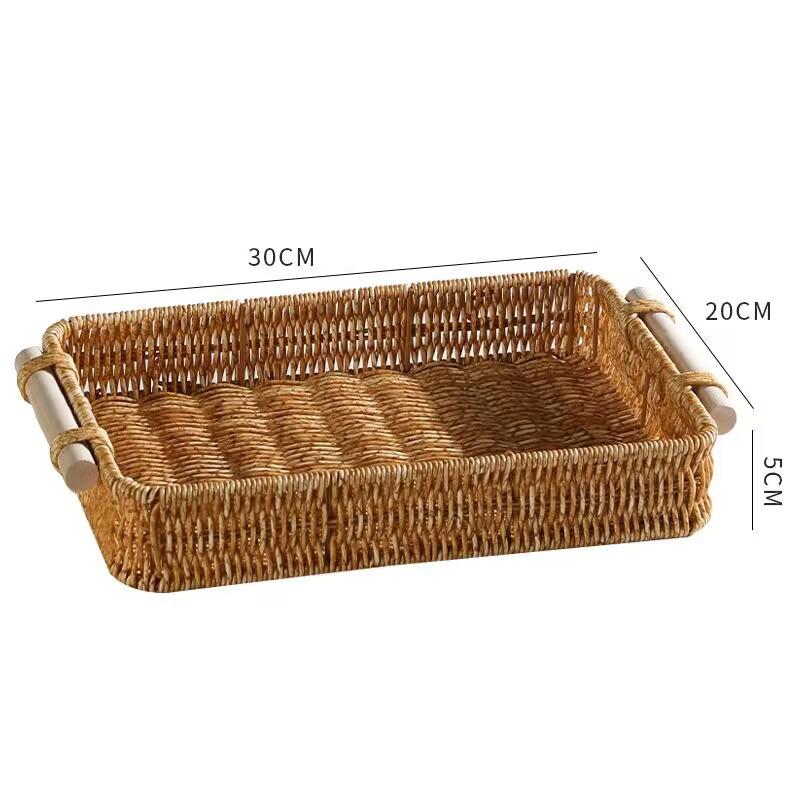 Plastic Storage Tray With Handle Imitation Rattan Weaving Basket Sundries Plate Fruit Platter Tea Tray Dinner Serving Tray