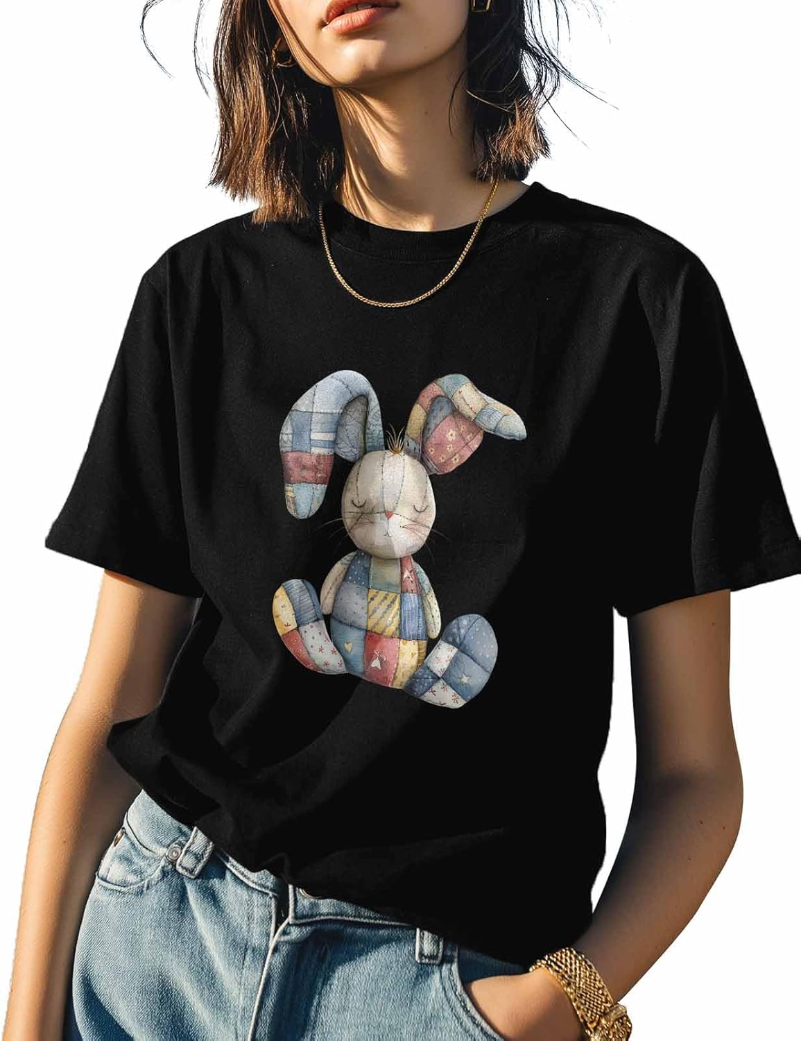 

T Shirts for Women Graphic Tees Stitching Bunny Crew Neck Short Sleeve Shirts for Women Vintage Casual T-Shirt 5XL різнокольоровий