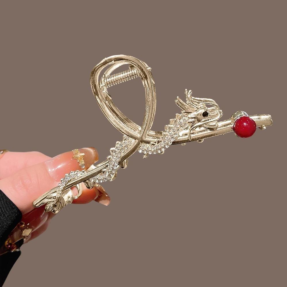

Women s DragonPattern Hair Claw with Rhinestone & Red Bead Detail ChineseStyle Design Large Capacity Grip Fashion Hair Accessory