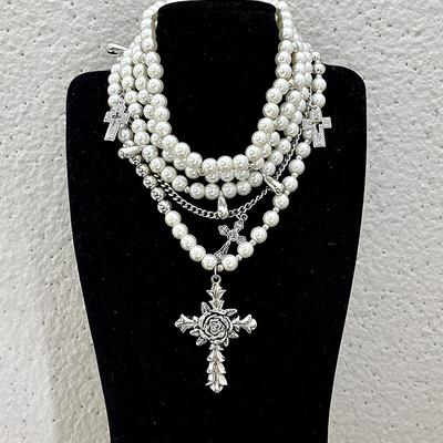 1Pcs Personalized Multi-Layered Pearl Cross Pendant Necklace Clavicle Chain For Women Temperament Jewelry Accessories Gifts