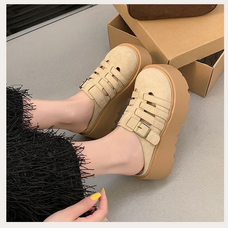 

Весенние шлепанцы на толстой подошве с головой маффина, женские новые, для маленького мужчины, увеличивающие рост и педали, ленивые одинарные туфли 38 абрикосовый