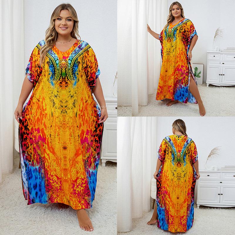 European-American Rayon Print Plus Size Beach Cover-Up Dress & Long Robe