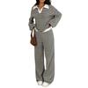 Women's Casual Striped Collar Long Sleeve Top and Straight Wide Leg Pants Set
