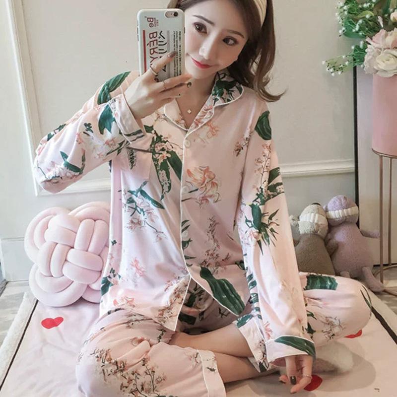 Spring And Autumn Pajamas Women'S Cardigan Long-Sleeved Trousers Korean Girls' Simple Cartoon Loungewear Suit Can Be Worn Outside