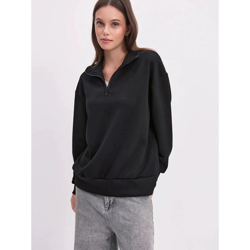 

Loose Half Zipper Top Fashion New Fashion Casual Pure Color Loose Half Zipped Stand Collar Sweatshirt Black (thin/thin) S