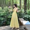 Yellow Plaid V-neck Neck Sling Dress Women's Summer Dopamine Beautiful Slim Fit Gentle Vacation Style Dress