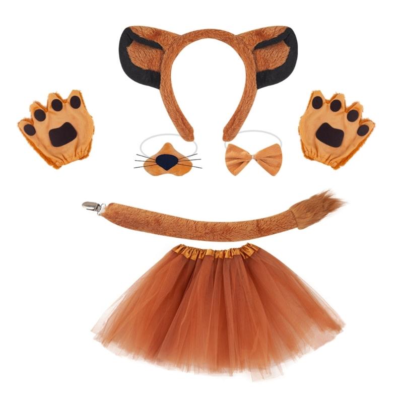 Kid Lion Tail with Lion Ear Headband Nose Gloves Skirt Bowtie Halloween Animal Costume Accessories for Boy Girl Cosplay