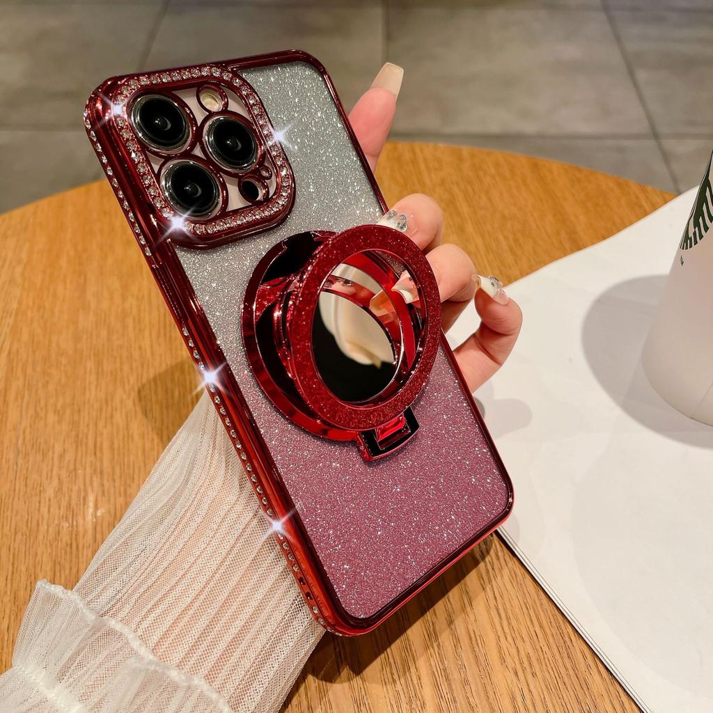 For iPhone 14 Pro Max Cover TPU Magnetic Phone Shell with Acrylic Mirror PC Kickstand Cover