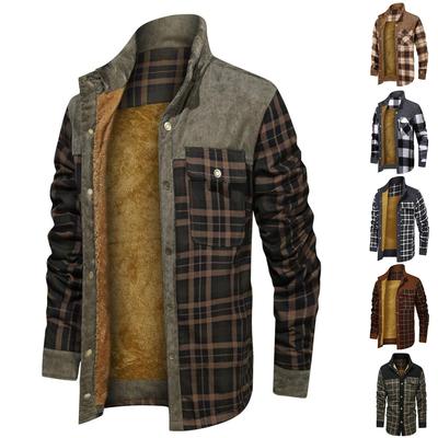 Men's Plus Size Winter Thickened Corduroy Plaid Spliced Shirt Jacket Padded Coat