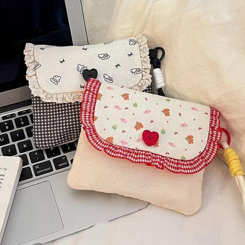 Womens Small Coin Purse Heart Button Decor Lipstick Sanitary Napkin Coin Money Bag Floral Earphones Data Cable Storage Case