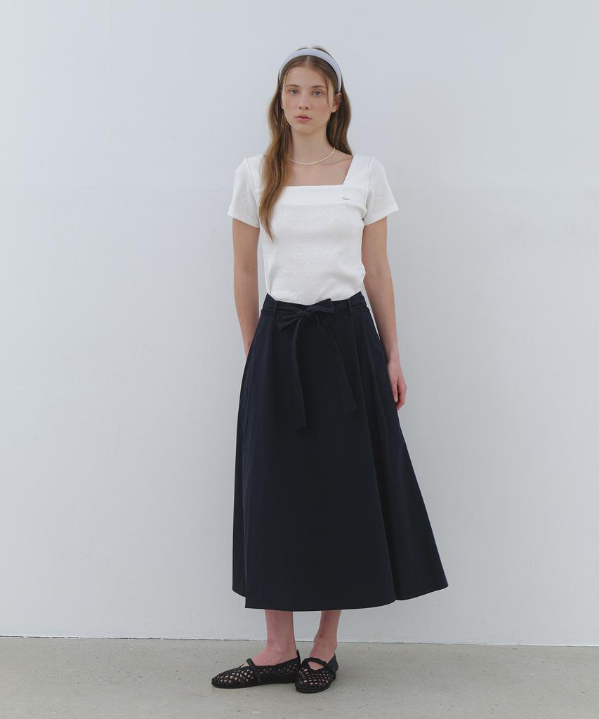 CLUNY Wide Tie Flare Long Skirt - Navy