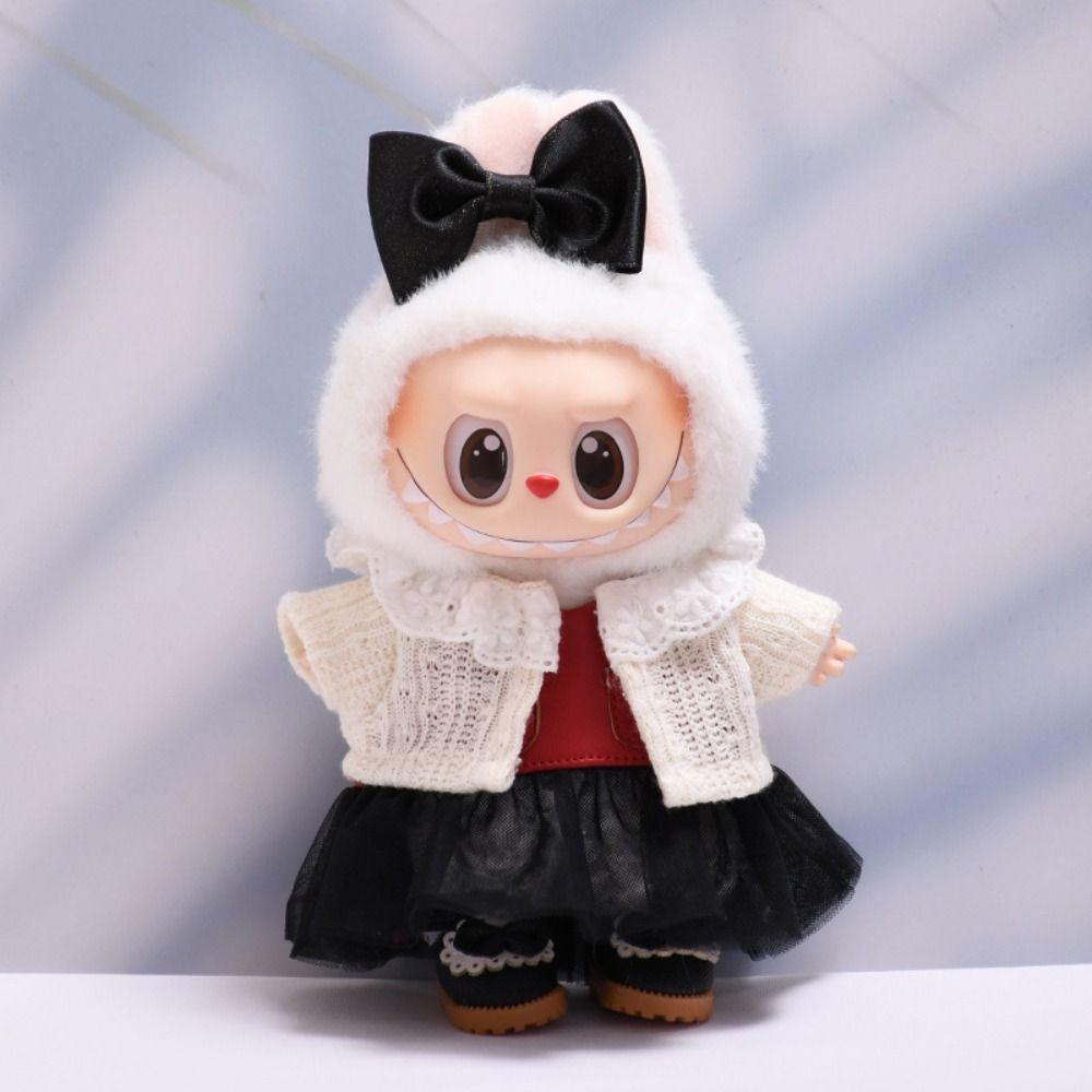 Red Leather Jacket Sitting Labubu Time Cloth 17cm Plush Dolls Clothes  Cotton Doll Accessories