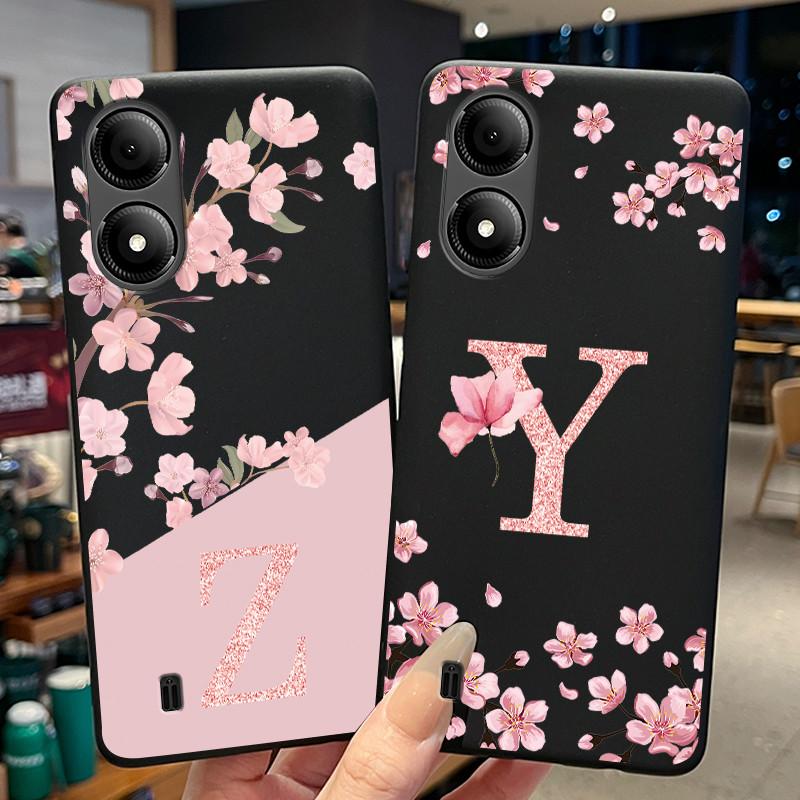Black Case For ZTE Blade A33S Fundas Beautiful Flower Printing Initial Letters Phone Casing Soft Silicone Protective Back Cover