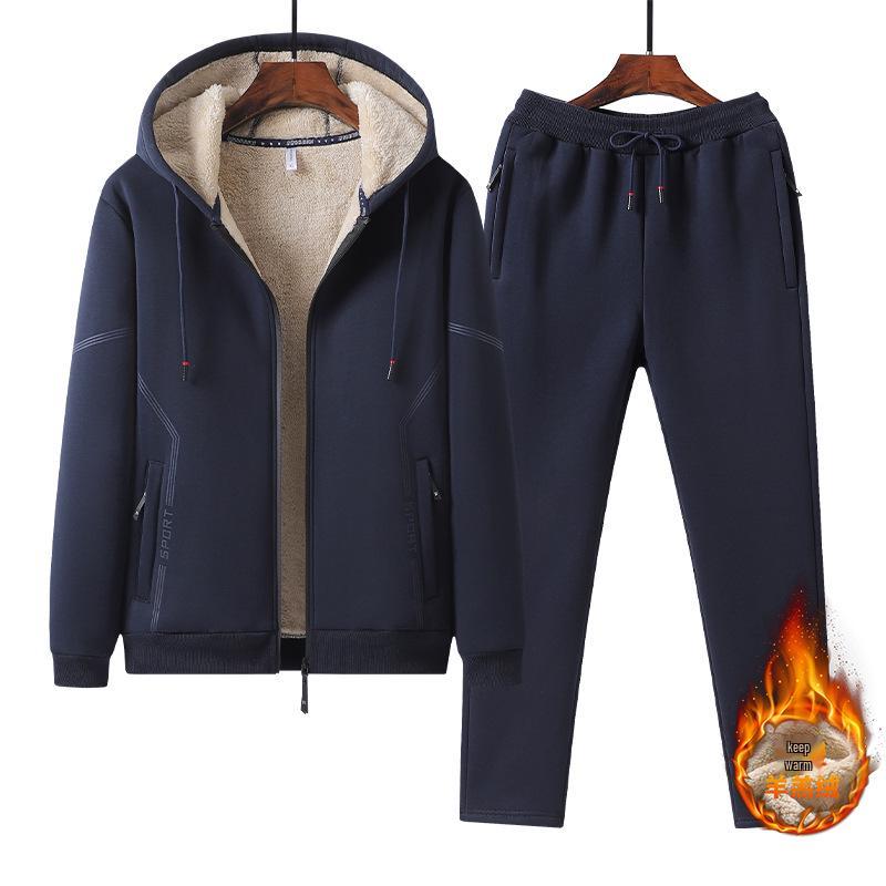 Lambswool Sports Suit: Plus Size Men's Fleece-Lined Hoodie & Cardigan Two-Piece Set for Autumn/Winter.