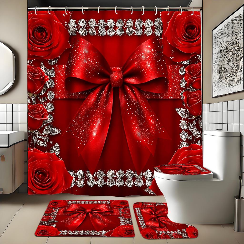 4Pcs Shower Curtain Set with Non-Slip Bath Mat, Toilet Lid Cover, Contour Rug & 12 Hooks, Bathroom Decor