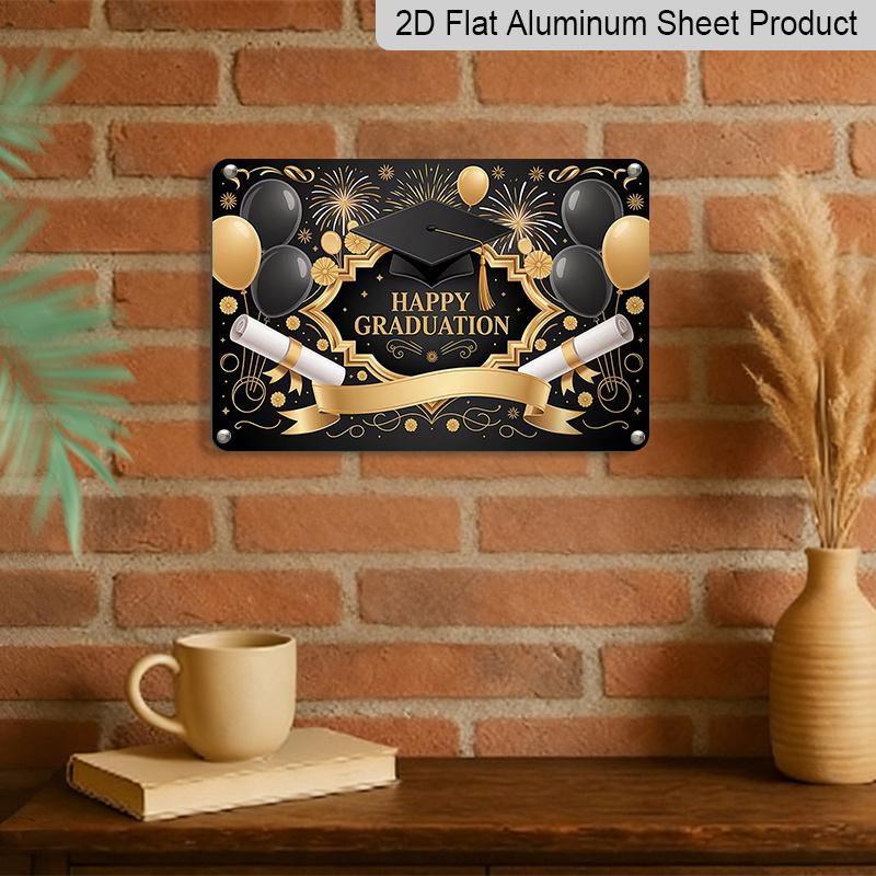 2D Flat, 1pc "Happy Graduation" Black & Gold Plaque, 12”*8" - Graduation Decor Sign with Cap & Diploma, Black & Gold - Aluminium Wall Hanging