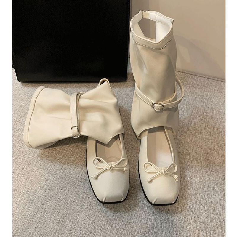 2025 New Niche Stacking Boots Hollow Mid-tube Cool Boots Women's Ballet Style Square Head Bow Flat Single Shoes
