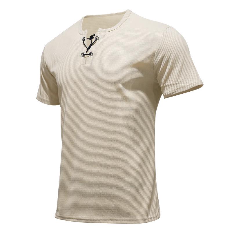 Camiseta Henley de Verano para Hombre de Corte Slim con Cordones - Transpirable Manga Corta Deportes Casual Moda