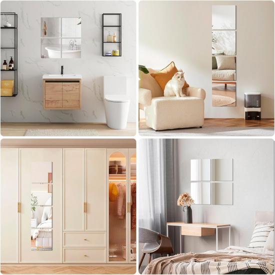 4 Pack Shatterproof Acrylic Mirrors Tiles Self Adhesive Wall Mirror Stickers Unbreakable Plastic Full Length Mirror Sheets Decors for Home Bathroom