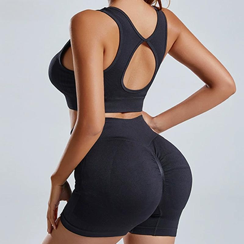 Summer Sexy Back Hollow Out Seamless Yoga Set Women Fitness Outfits Peach Hip Shorts Suit Shockproof Sports Bra Gym Running Suits